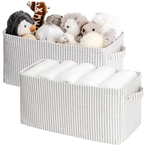 StorageWorks Narrow Storage Bins, Small baskets for Shelves, Long Narrow Storage Basket with Handles, Rectangular Fabric Storage Bins, Toilet Paper Storage, Gray and White Stripes, 2-Pack
