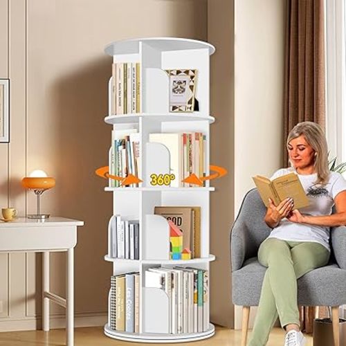 4 Tier Rotating Bookshelf Tower, Spinning Bookshelf, Revolving 360° Bookcase Storage Round Carousel, Vertical Rotate Turning Spiral Corner Organizer Lazy Susan, White