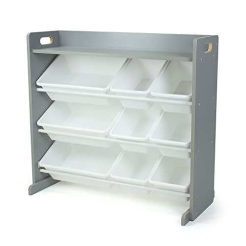 Humble Crew Toy Storage Organizer with Top Shelf and 9 Removable Bins, Grey/White – Toddler Bookshelf with Toy Organizer - Modern Toy Rack Ideal for Kids' Rooms, Playrooms, and Nurseries