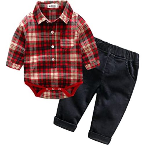 Kimocat Baby Boy Casual Suit 2pcs Cotton Long Sleeve Plaid Button-Down Shirt Pant Outfits Clothes Set