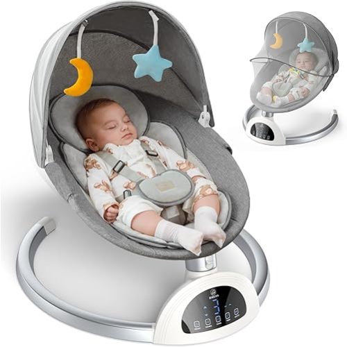 Electric Baby Swing for Infants to Toddler, Bluetooth Baby Rocker with Music Speaker, Protable Bouncer, 5 Sway Speeds 3 Seat Positions, Remote Control for Indoor, Boy, Girl