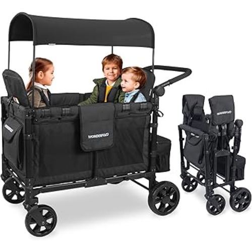 WONDERFOLD W4 Elite Stroller Wagon (4 Seater) - Collapsible Wagon Stroller with Seats with 5-Point Harnesses, Adjustable Push Handle, and Removable UV Sun Canopy, Volcanic Black