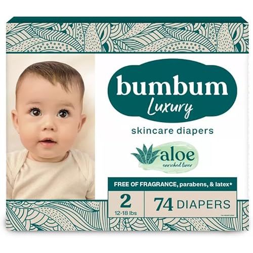 Bum-Bum Luxury Skincare Diapers, Fragrance-Free, Aloe-Infused - Size 2 (12-18 Ibs), 74 Count