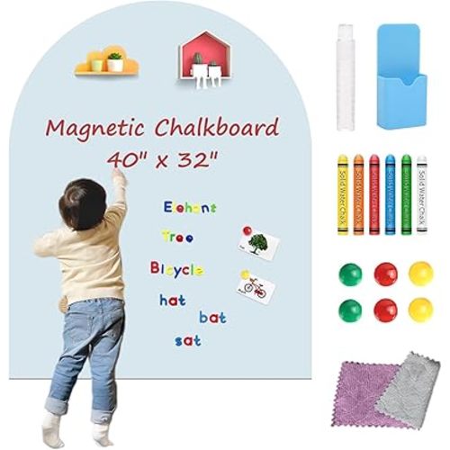 Magnetic Arch Wall Decal, 40"x32" Magnetic Wall Decal for Kids, Self Adhesive Chalkboard for Wall with 6 Dustless Chalks, Magnetic Nails, Chalk Holder, Wipe Cloth, Magnetic Box, for Playroom, Home