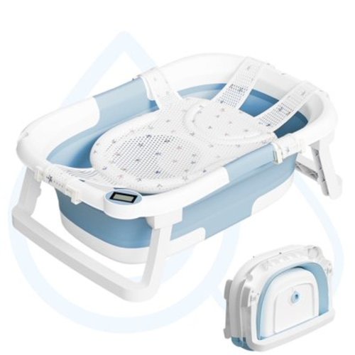 Aprpink Foldable Baby Bathtub PP+TPE with Soft Bath Net&Thermometer for 0-36 Months Toddler Light Blue