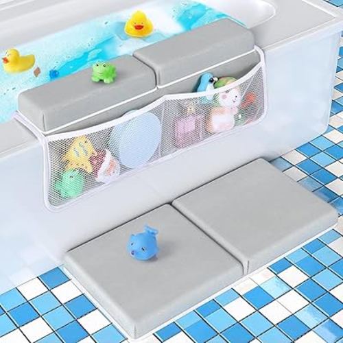 Tiikiy Comfortable Bath Kneeler and Elbow Rest Pad Set for Baby Shower Time Parents, Bathtub Kneeling Pad Painless Memory Foam Mat with Bath Toys Organizer Pockets Quick Drying -Green Gray