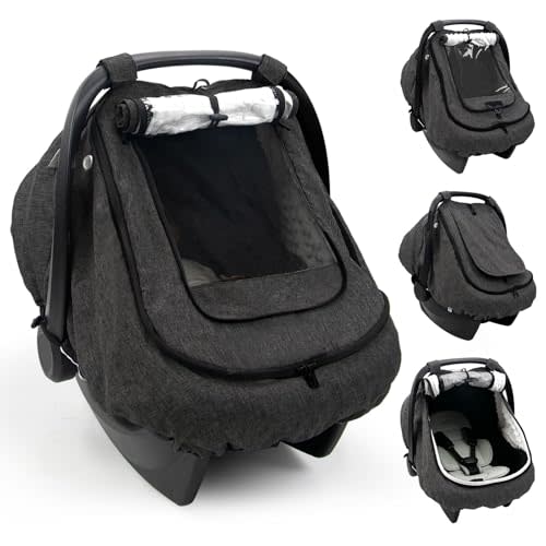 Waterproof Baby Car Seat Cover Canopy for All Weather - Black | Rainproof & Windproof, 2-layers, With Zipper and Mesh, 4 Usage Modes, Universal Fit Baby Car Seat And Stroller