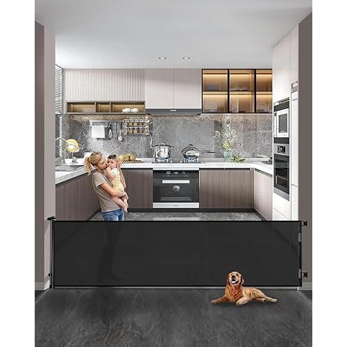 Retractable Baby Gate,Mesh Baby Extra Wide Gate,Extra Long Dog Gate,33" Tall,Large Extends up to 118" Wide,Child Safety Extra Large Gate for Doorways, Stairs, Indoor/Outdoor(Black,33"x118")
