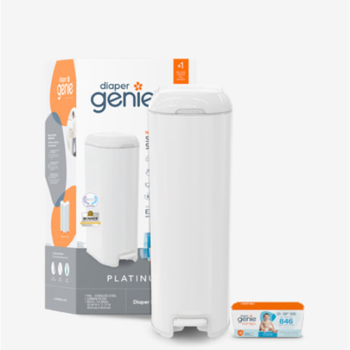 Diaper Genie Platinum Pail Gift Set, Lily White, Made of Durable Stainless Steel and Includes 2 Easy Roll Refills with 18 Bags and 30 Bags