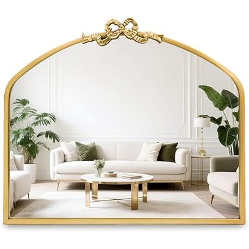 Vintage Arched Gold Mirror 24"x28" Antique Bathroom Vanity Wall Mirrors with Metal Frame, Baroque Ornate Bow Decor for Living Room, Fireplace, Entryway, Hallway