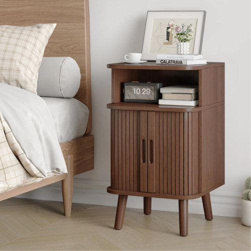 George Oliver Mid Century Modern Nightstand, Fluted End Table With Open Shelf and Storage Cabinet, Curved Round Edge Wood Bedside Table with Slide Doors & Reviews | Wayfair