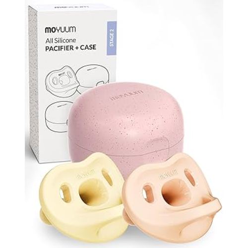 Moyuum Silicone Macaron Pacifier | Made in Korea, BPA Free One-Piece Design Baby Soother, Soft Orthodontic Shape with Air Holes, 2 Pack with Travel Case, Newborn 0-3 Months (Mango+Pink, Stage 1)