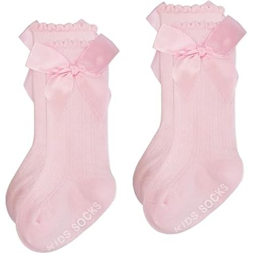 Baby Knee High Socks Girl Non Slip Toddler Stockings Cotton Bow Ruffle Newborn Long Socks Infant Dress Sock 0-6M/6-12M/1-3Y