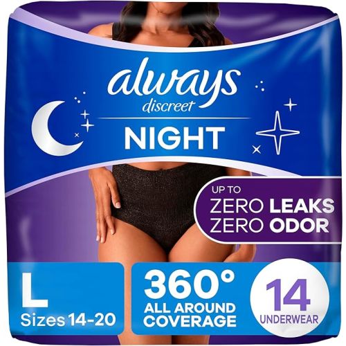 Always Discreet Overnight Adult Incontinence & Postpartum Bladder Leak Underwear for Women, Disposable, Large, 14 Count