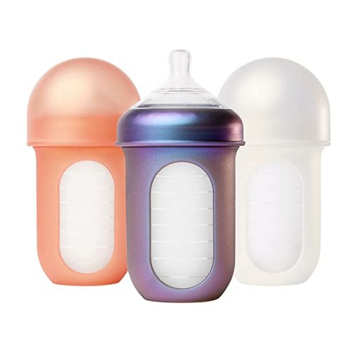 Boon Nursh Reusable Silicone Pouch Baby Bottles - Medium Flow Nipple - Silicone Baby Bottle Pouch and Nipple - Baby Feeding Essentials - Metallic - 3-6 Months - 3 Count - 8 Ounce