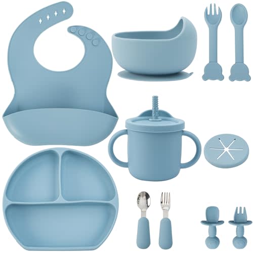 Baby Silicone Feeding Set, 13PCS Baby Self Feeding Set, Toddler Led Weaning Utensils Sets with Suction Bowl and Plate, 3 Set of Baby Spoons and Forks, Adjustable Bid, Sippy Cup with Straw and 2 Lids