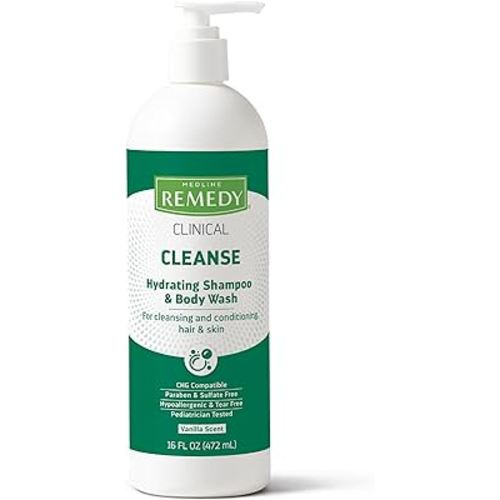 Medline Remedy Clinical Hydrating Shampoo & Body Wash (16 fl oz), Vanilla Scent, Cleanser, No-Rinse, Adults, Kids, Shower Or Bedside, Dimethicone, Sulfate Free