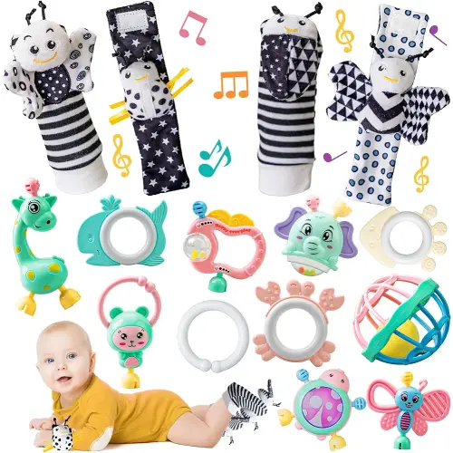 15Pcs Baby Wrist Rattles & Foot Finders Sock,Newborn Hand and Foot Rattles/Teething Toy for Babies,Educational Development Infant Toys,Infant Rattle Socks for 0-12 Months Child Gift