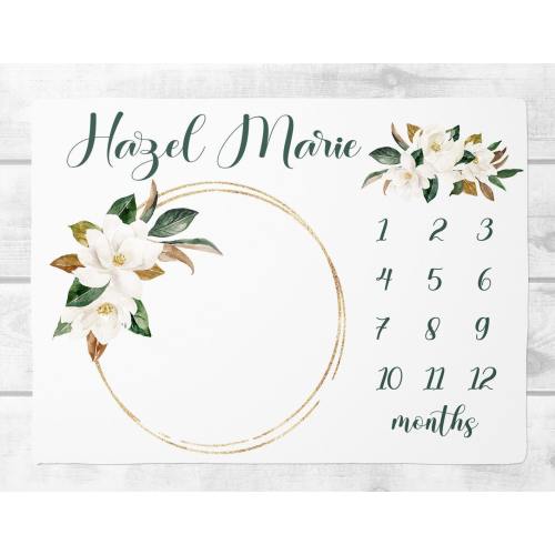 Magnolia Milestone Blanket Girl, Personalized Baby Girl Blanket, Month Blanket Personalized Baby Shower Gift, Magnolia Blanket, New Mom Gift