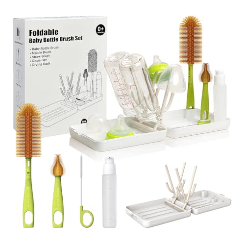 YOTIME Travel Bottle Brush, Travel Bottle Cleaner Kit with Foldable Bottle Drying Rack, for Visit Friends and Relations, Baby Travel Essentials, BPA Free, White