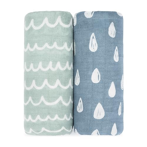 Comfy Cubs 2 Pack Muslin Swaddle Blankets Neutral Receiving Blanket Swaddling, Wrap for Boys and Girls, Baby Essentials, Registry & Gift (Rain and Doodle)