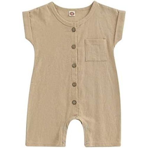 Baby Boys' Girls Short Sleeve Rompers Jumpsuit with Pocket,Organic Cotton and Linen Sleeveless One-Piece Coverall