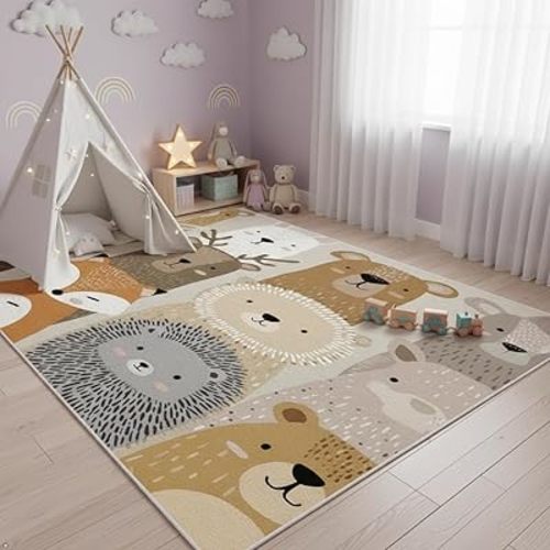 Cute Woodland Animal Rug for Kids Room - 5x7 ft Cartoon Bear Fox Lion Hedgehog Print Area Rug, Soft Non-Slip Floor Mat for Living Room, Nursery, Bedroom - Beige Brown Grey Animal Pattern Carpet