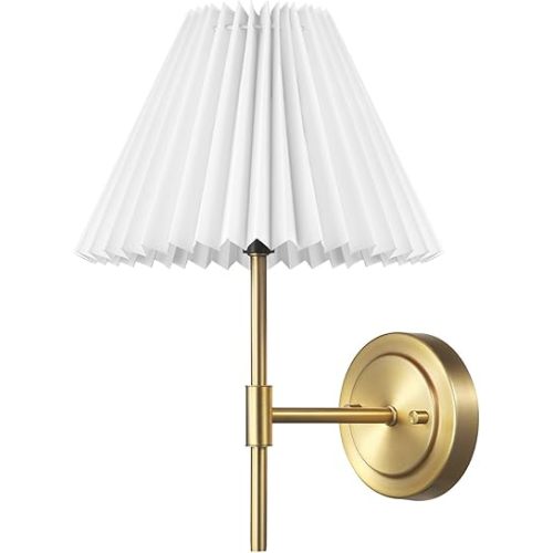 Globe Electric 1-Light Wall Sconce, Matte Brass, White Pleated Fabric Shade, E12 Base Socket, Candelabra Bulb, Living Room Lighting, Home Essentials, Décor, Bedroom, Mounted Bedside Lamp