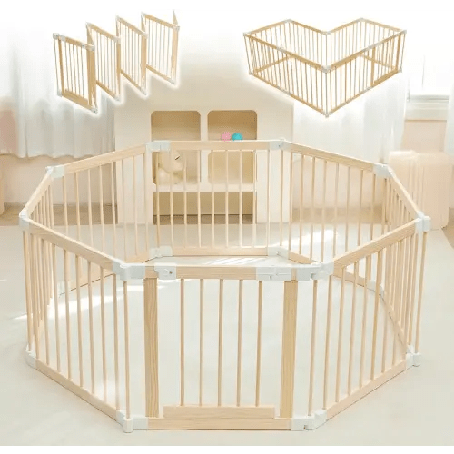 Baby Playpen, Playpen for Babies and Toddlers, Foldable Wooden Play Yard with Gate, Adjustable Baby Activity Center with Child Proof Lock, Fence Play Area for Toddlers 1-3（56 * 56 * 24inches）