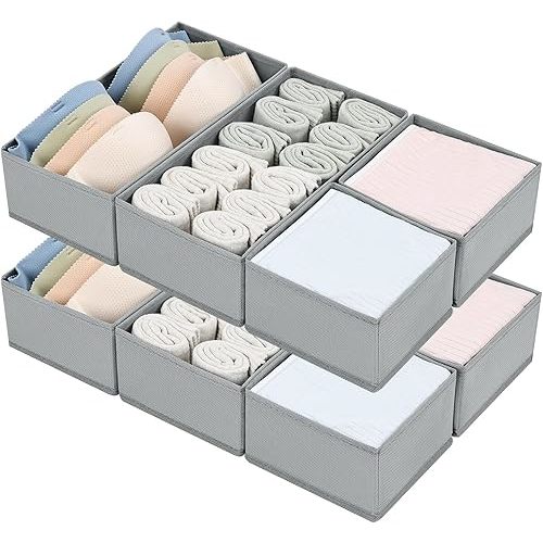 DIMJ Drawer Organizer Clothes Set of 8, Foldable Closet Drawer Organizer, Underwear Drawer Box, Fabric Drawer Dividers for Baby Clothes, Socks, Belt, Tie (Grey)