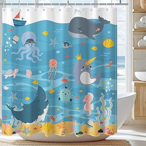 Mocsicka Kids Shower Curtain Fun Whale Shower Curtain with 12 Hooks Cartoon Blue Sea Ocean Fish Bath Curtain for Girls Boys Waterproof Kids Bathroom Decor, 72 X 72 Inch