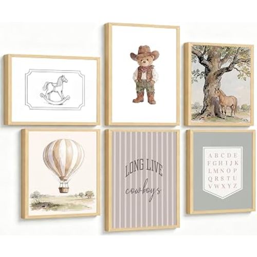 6Pcs Cowboy Teddy Bear Nursery Canvas Wall Art, Vintage Rocking Horse Posters Print Artwork, Long Live Cowboys Alphabet Painting Picture Wall Decor for Boys Kids Room Home Decoration, 12x16in Unframed