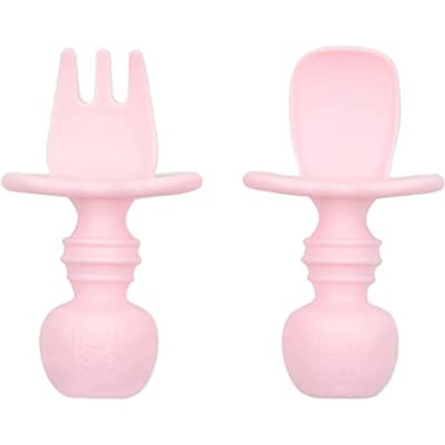 Bumkins Baby Utensils Set, Chewtensils Silicone Spoons for Dipping, Self-Feeding, Baby Led Weaning, Trainer Learning, First Stage Eating, Soft Practice Fork and Spoon, Babies 6 Months, Pink