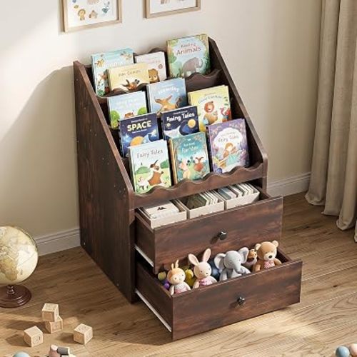 Kids Bookshelf Scalloped 4 Tier with 2 Todder Toy Storage Organizer Drawer