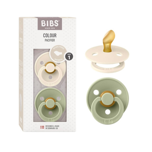 BIBS Pacifiers - Set of 2 | Colour Pacifier with Anatomical Nipple | BPA-Free Natural Rubber | Made in Denmark | Ivory/Sage | Size 0-6 Months