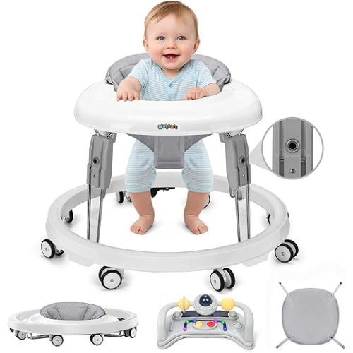 Wnttmt Baby Walker with Wheels, One-Touch Folding Baby Walkers with Height Adjustment and Brake, Portable Walker for Baby Boy Girls 6-18 Months, Grey