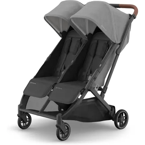 UPPAbaby Minu Duo Side-by-Side Double Stroller - Lightweight + Compact Design for Travel - Easy Fold- From Birth to Toddler - Independent Recline -Greyson(Charcoal Mélange/Carbon Frame/Saddle Leather)