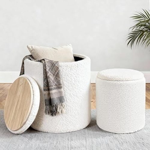 CAROLMADE Set of 2 Round Ottoman with Storage, Upholstered Vanity Stool Support 330lbs Multifunctional Coffee Table Ottoman Boucle Foot Rest Stool or Living Room Bedroom Dorm (White)