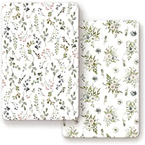 GRSSDER Stretchy Ultra Soft Jersey Knit Fitted Pack n Play Sheets Set 2 Pack， Portable Pack and Play/Mini Cribs Sheets for Girls，Stylish Watercolor Rose and Flora