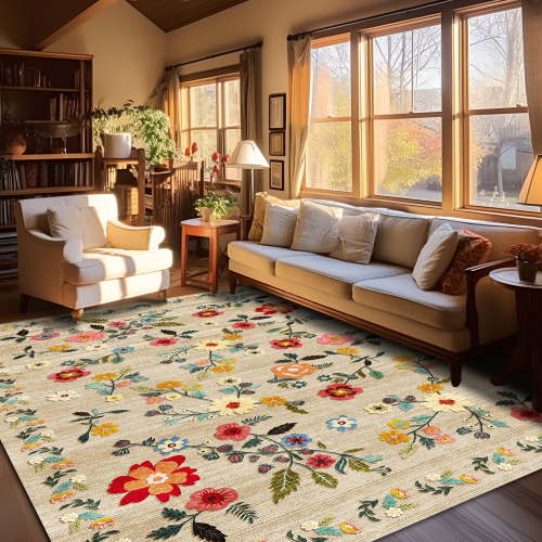Pentantan 9'x12' Floral Area Rugs, Machine Washable Rug for Living Room- Soft Indoor Carpet, Low Pile for Bedroom, Dining Room, Playroom, Office