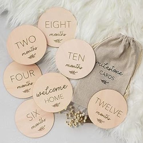 Beautiful Baby Monthly Milestone Cards - The Perfect Wooden Discs for Adorable Milestone Pictures of Your Newborn Boy/Girl - 7 Reversible Circles incl. Announcement & Hello World Sign Are A Great Gift