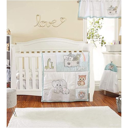EVERYDAY KIDS Precious Moments Noah’s Ark 4 Pc Crib Bedding for Boys Nursery Set Includes Baby Bed Quilt, Fitted Sheet, Dust Ruffle and Diaper Stacker with Sweet Images of Elephants and Giraffes