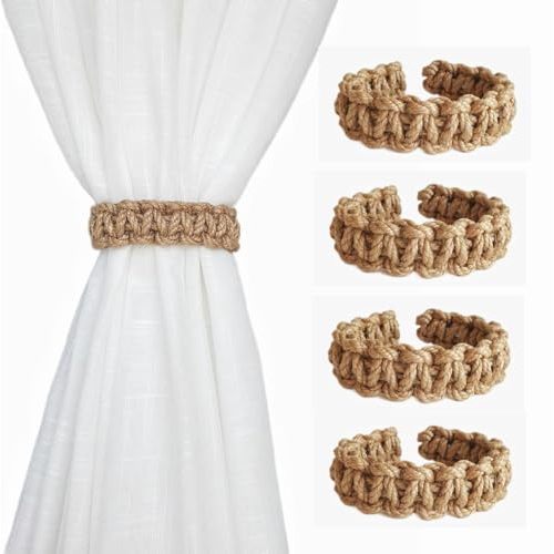 Braided Curtain Tiebacks for Drapes, Rustic Curtain holdbacks Set of 4, Handmade Curtain Ties for Sheer/Light Weight Drapes