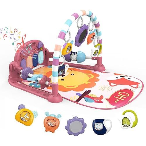 dearlomum Baby Play Mat Baby Gym,Funny Play Piano Tummy Time Baby Activity Mat with 5 Infant Sensory Baby Toys, Music and Lights Boy & Girl Gifts for Newborn Baby 0 to 3 6 9 12 Months (New Pink)