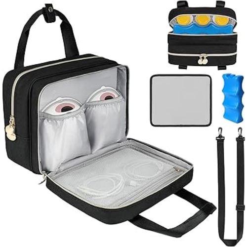 Wearable Breast Pump Bag with Cooler Compartment Compatible with Momcozy M5/S12 Pro, Elvie & Medela Pump in Style, Carrying Case with a Ice Pack & Waterproof Mat for Breast Pump and Accessories, Black