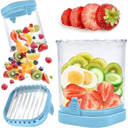 Strawberry Slicer Cup with Push Plate, Fruit Cutter Kitchen Gadget for Egg, Kiwi, Banana, Cucumber, Easy Fruit & Vegetable Slicer, Strawberry Cutter Tool for Quick Safe Cutting (Blue)