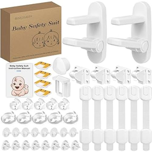RENAISSANT Baby Proofing Kit,Pack of 38, Child Safety Cabinet Locks for Cabinets or Drawers,Adjustable Locks,Bumper Corners and Outlet Covers,Protecting Baby Safety Kit.