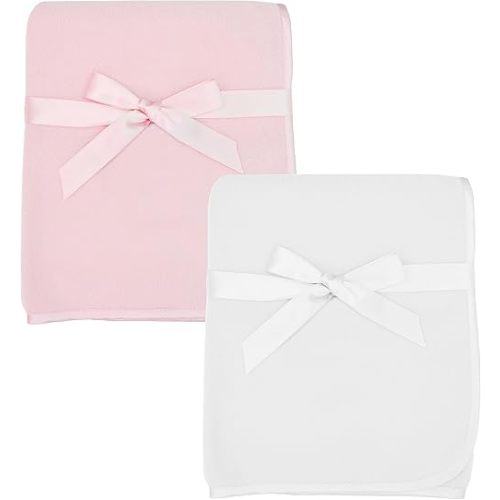 American Baby Company 2-Piece Fleece Blanket with Silk-Like Satin Trim set, Soft, Warm & Cozy, Pink and White, 30" x 30" for Boys and Girls, Perfect for Baby Carrier, Stroller, Travel and Gifting