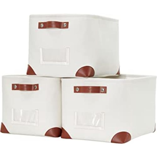 DECOMOMO White Storage Bins Fabric Storage Baskets for Shelves & Linen Closet Organization (Creamy White W/ Label holder, Large - 3 Pack)