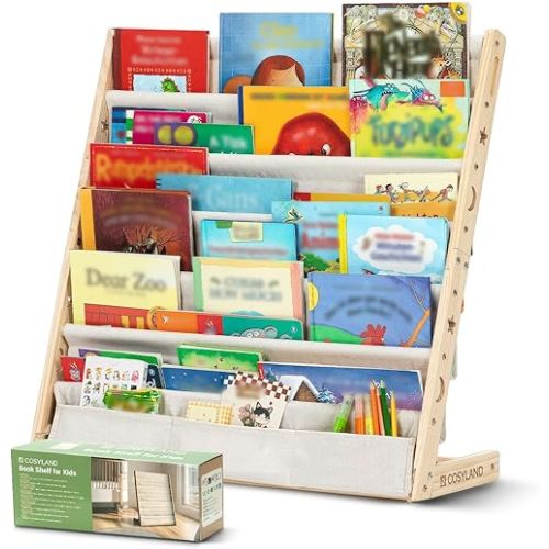 COSYLAND Bookshelf for Kids Rooms – 7-Tier Wooden Book Rack with Fabric Pockets - Floor Standing Book Display Shelf for Toddlers in Nursery, Playroom, Study or Living Room (Natural)